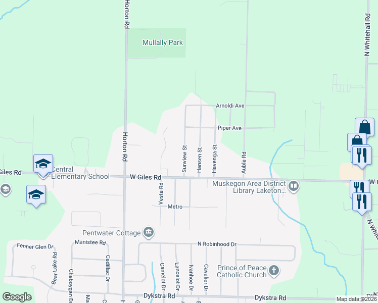 map of restaurants, bars, coffee shops, grocery stores, and more near 1475 Sunview Street in Muskegon