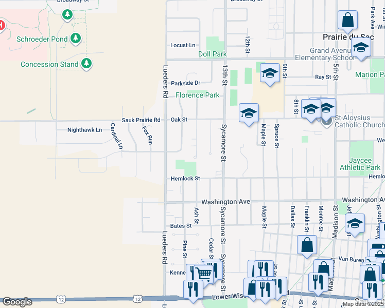 map of restaurants, bars, coffee shops, grocery stores, and more near 241 Ash Street in Sauk City