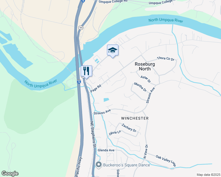 map of restaurants, bars, coffee shops, grocery stores, and more near 125 Village Drive in Roseburg North