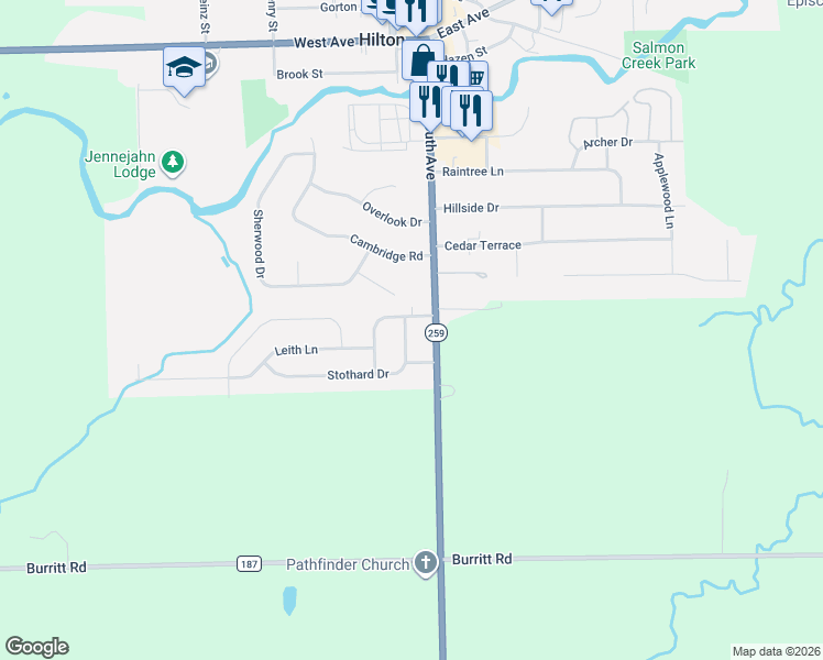 map of restaurants, bars, coffee shops, grocery stores, and more near 911 Hilton Parma Corners Road in Hilton