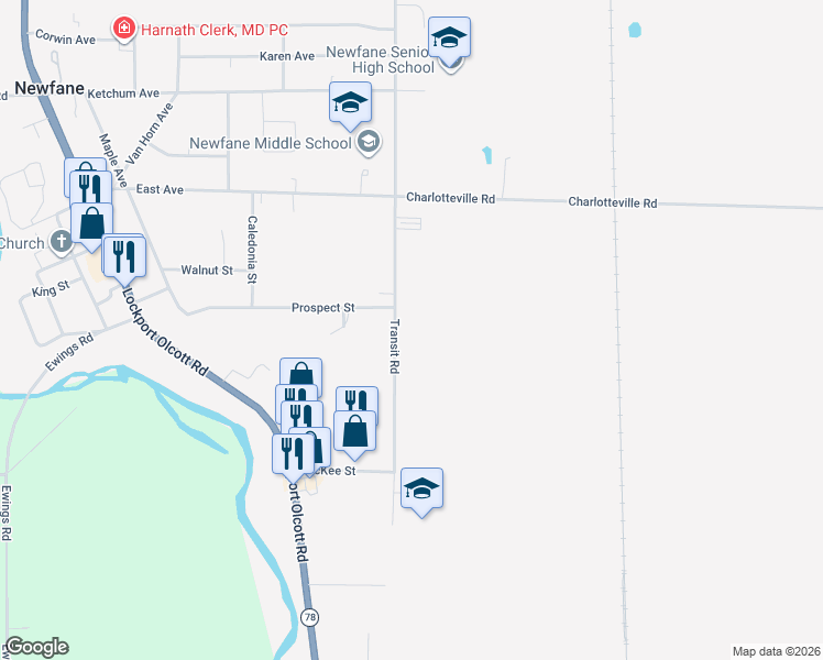 map of restaurants, bars, coffee shops, grocery stores, and more near 2763 Transit Road in Newfane
