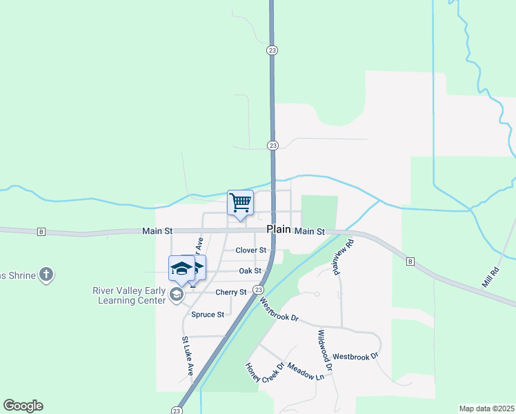 map of restaurants, bars, coffee shops, grocery stores, and more near 1065 Cedar Street in Plain