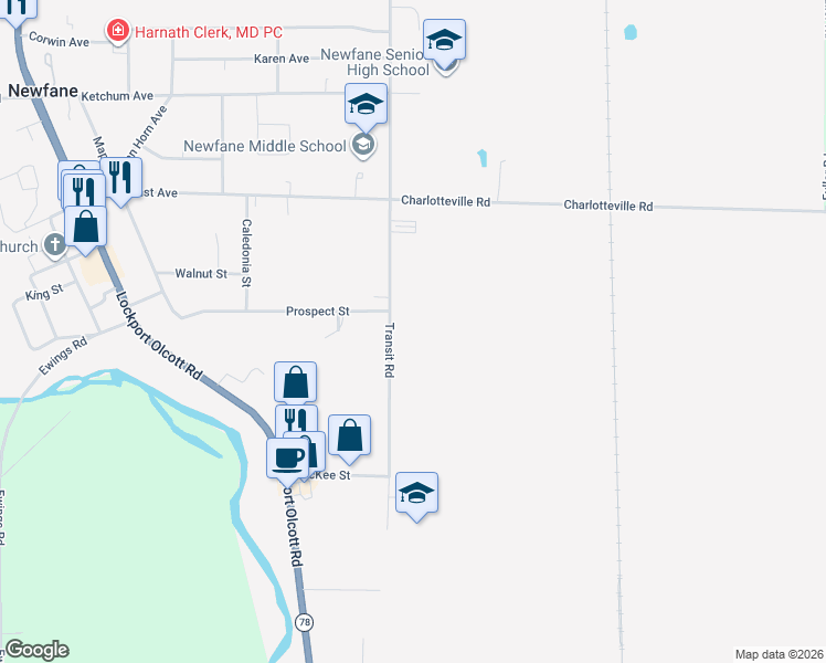 map of restaurants, bars, coffee shops, grocery stores, and more near 2763 Transit Road in Newfane