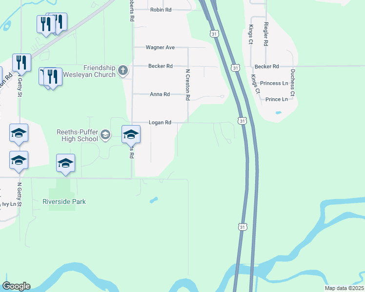 map of restaurants, bars, coffee shops, grocery stores, and more near 1501 Wildwood Drive in Muskegon