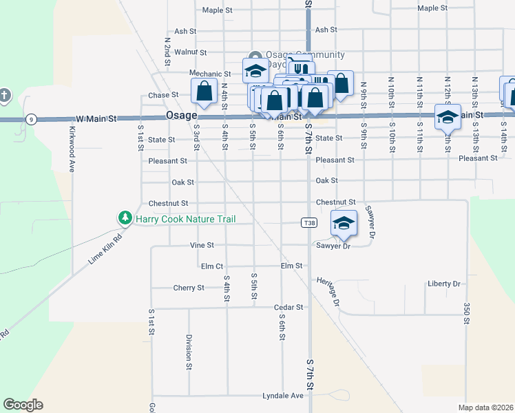 map of restaurants, bars, coffee shops, grocery stores, and more near 515-599 Park St in Osage
