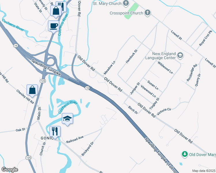 map of restaurants, bars, coffee shops, grocery stores, and more near 81 Old Dover Road in Rochester