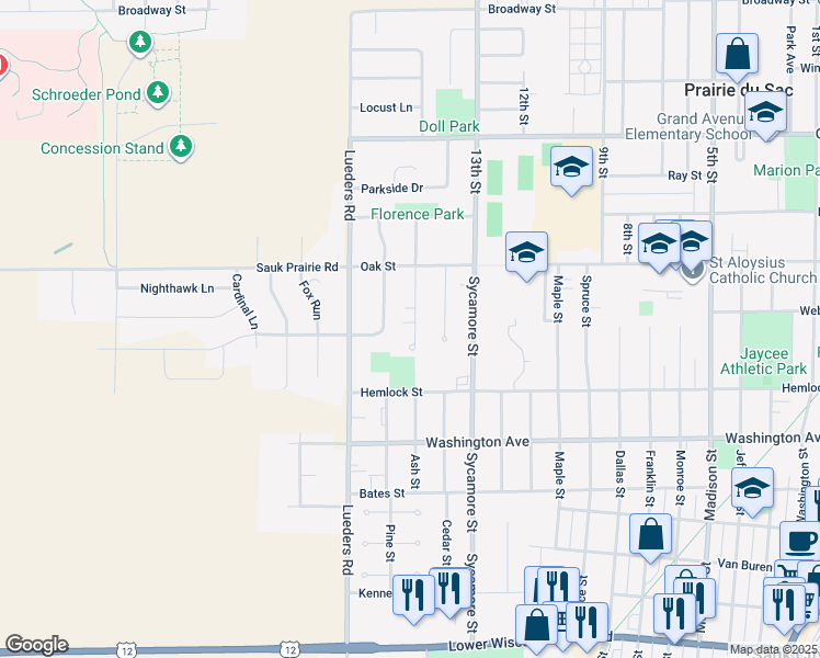 map of restaurants, bars, coffee shops, grocery stores, and more near 241 Ash Street in Sauk City
