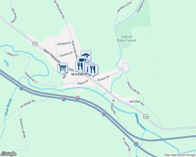 map of restaurants, bars, coffee shops, grocery stores, and more near 36 East Main Street in Warner