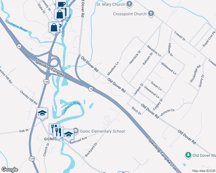map of restaurants, bars, coffee shops, grocery stores, and more near 81 Old Dover Road in Rochester