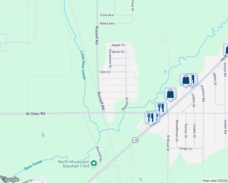 map of restaurants, bars, coffee shops, grocery stores, and more near 76 Oak Court in Muskegon