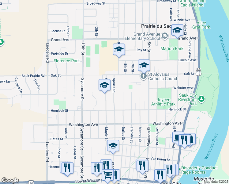 map of restaurants, bars, coffee shops, grocery stores, and more near 225 Spruce Street in Sauk City