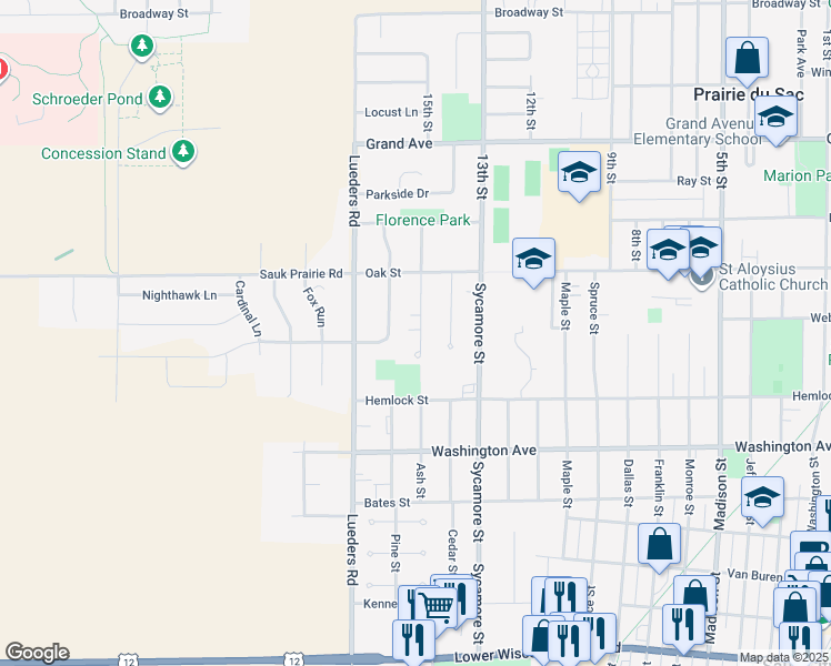 map of restaurants, bars, coffee shops, grocery stores, and more near 241 Ash Street in Sauk City