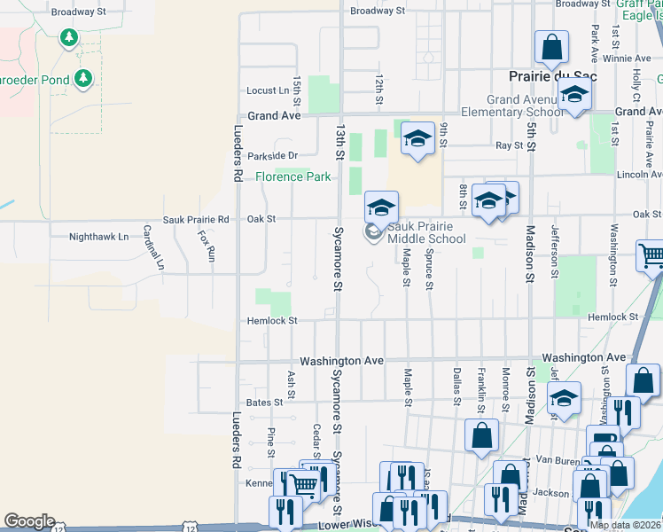 map of restaurants, bars, coffee shops, grocery stores, and more near 219 Sycamore Street in Sauk City