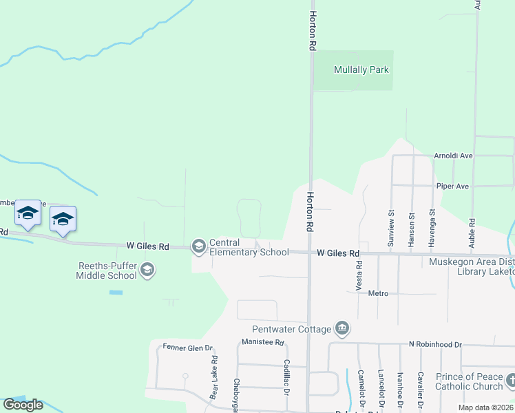 map of restaurants, bars, coffee shops, grocery stores, and more near 1545 Horton Road in Muskegon