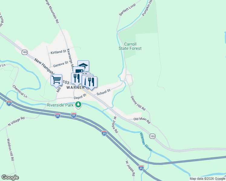 map of restaurants, bars, coffee shops, grocery stores, and more near 33 School Street in Warner