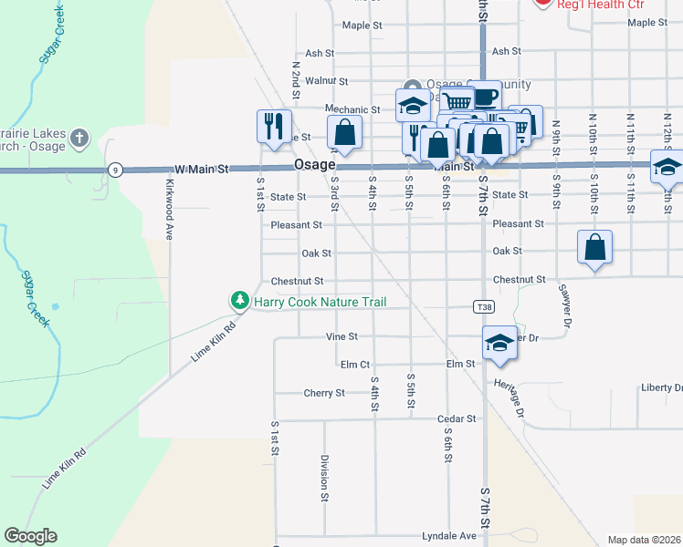 map of restaurants, bars, coffee shops, grocery stores, and more near 200-298 Oak St in Osage