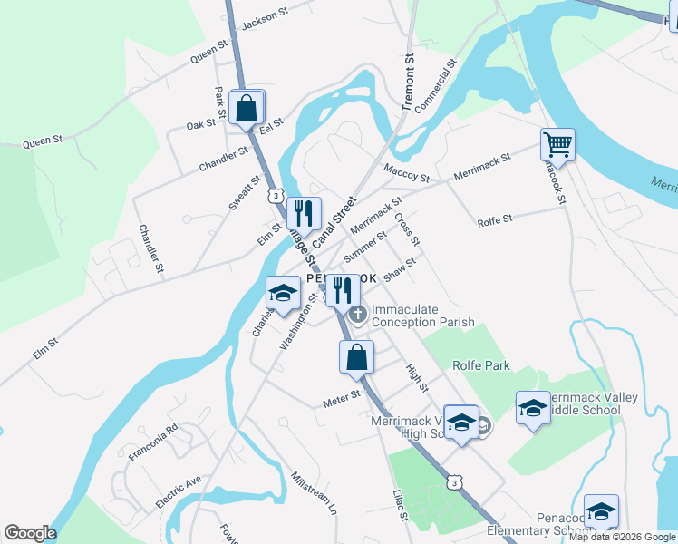 map of restaurants, bars, coffee shops, grocery stores, and more near 5c Merrimack Street in Concord