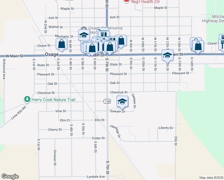 map of restaurants, bars, coffee shops, grocery stores, and more near 399 South 7th Street in Osage