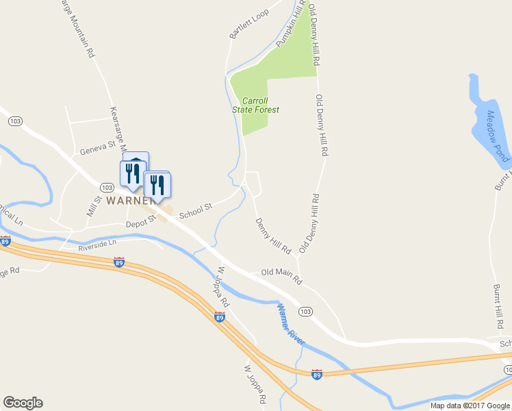 map of restaurants, bars, coffee shops, grocery stores, and more near 17 Denny Hill Road in Warner