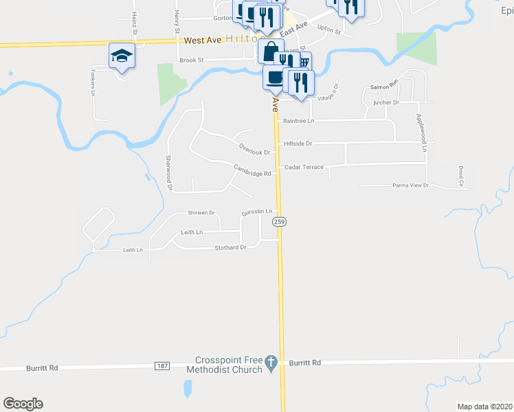 map of restaurants, bars, coffee shops, grocery stores, and more near 8 Gursslin Lane in Hilton