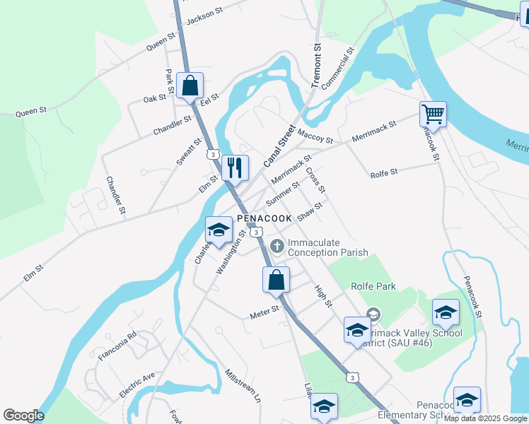 map of restaurants, bars, coffee shops, grocery stores, and more near 5c Merrimack Street in Concord