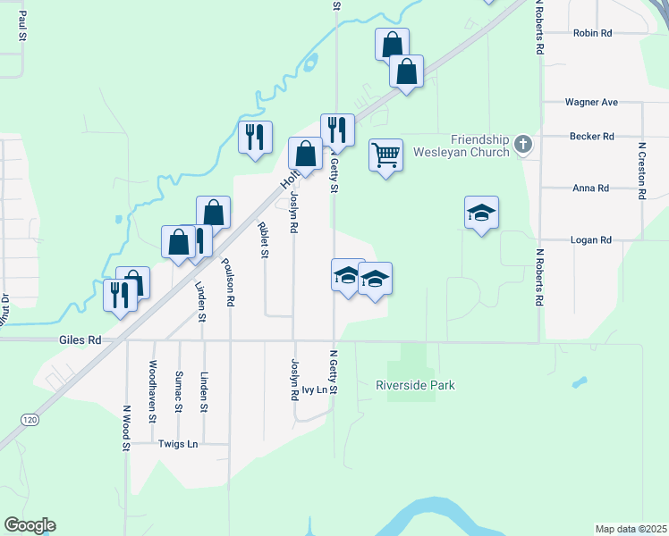 map of restaurants, bars, coffee shops, grocery stores, and more near 1542 North Getty Street in Muskegon