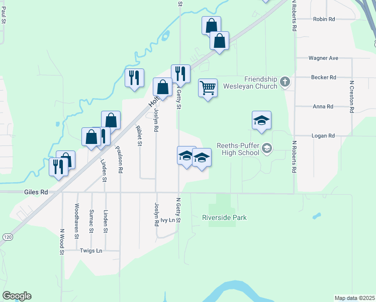 map of restaurants, bars, coffee shops, grocery stores, and more near 1542 North Getty Street in Muskegon
