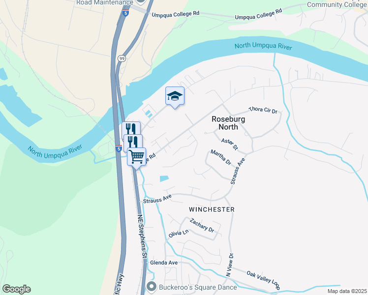 map of restaurants, bars, coffee shops, grocery stores, and more near 109 Village Drive in Roseburg North