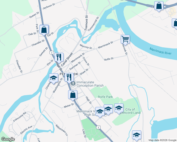 map of restaurants, bars, coffee shops, grocery stores, and more near 21 Cross Street in Concord