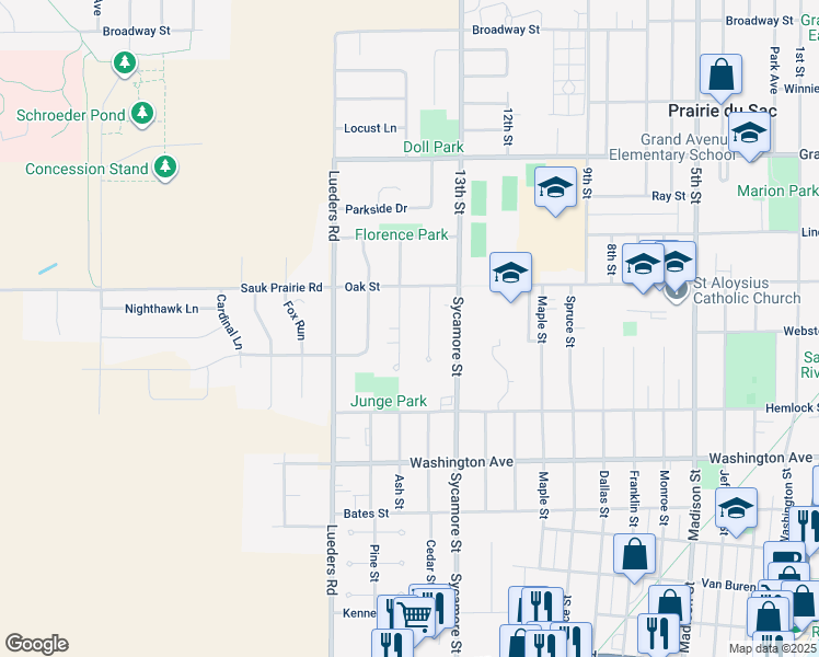 map of restaurants, bars, coffee shops, grocery stores, and more near 115 Cedar Street in Sauk City