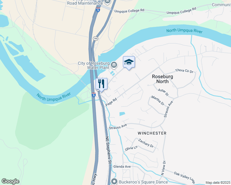 map of restaurants, bars, coffee shops, grocery stores, and more near 140 Shell Lane in Roseburg North