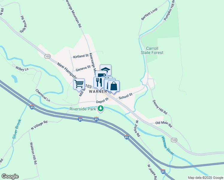 map of restaurants, bars, coffee shops, grocery stores, and more near 21 East Main Street in Warner