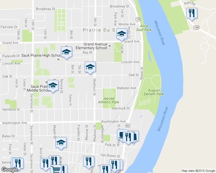 map of restaurants, bars, coffee shops, grocery stores, and more near 401 Webster Avenue in Sauk City
