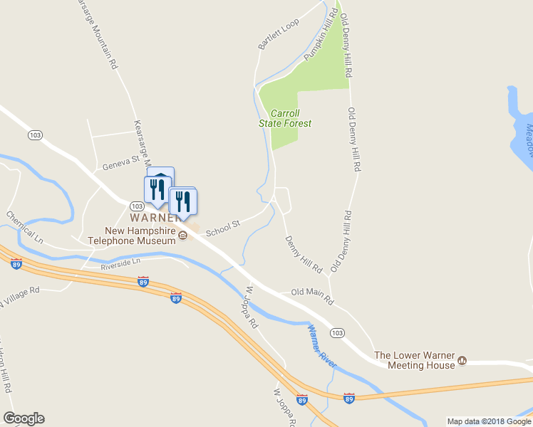 map of restaurants, bars, coffee shops, grocery stores, and more near 44 School Street in Warner