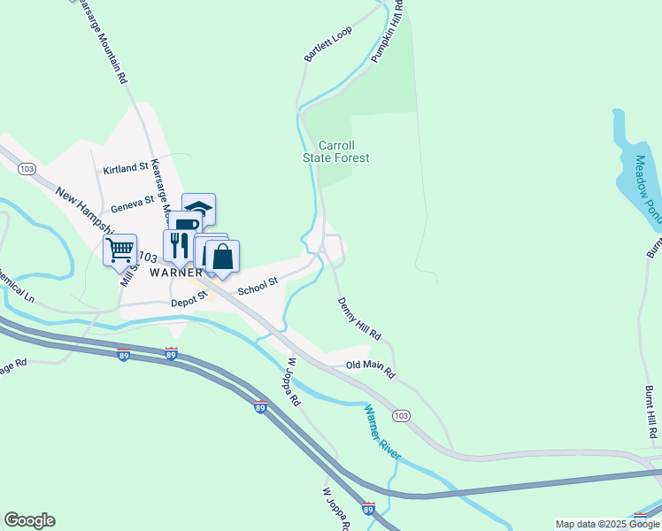 map of restaurants, bars, coffee shops, grocery stores, and more near 44 School Street in Warner