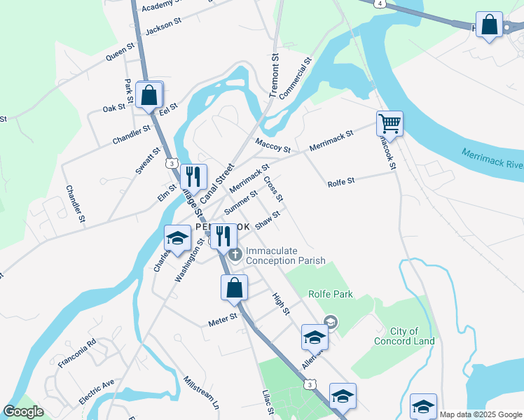 map of restaurants, bars, coffee shops, grocery stores, and more near 16 Steeple View in Concord