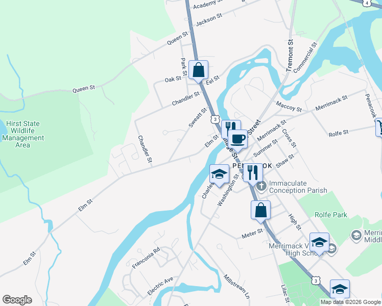 map of restaurants, bars, coffee shops, grocery stores, and more near 26 Elm Street in Concord