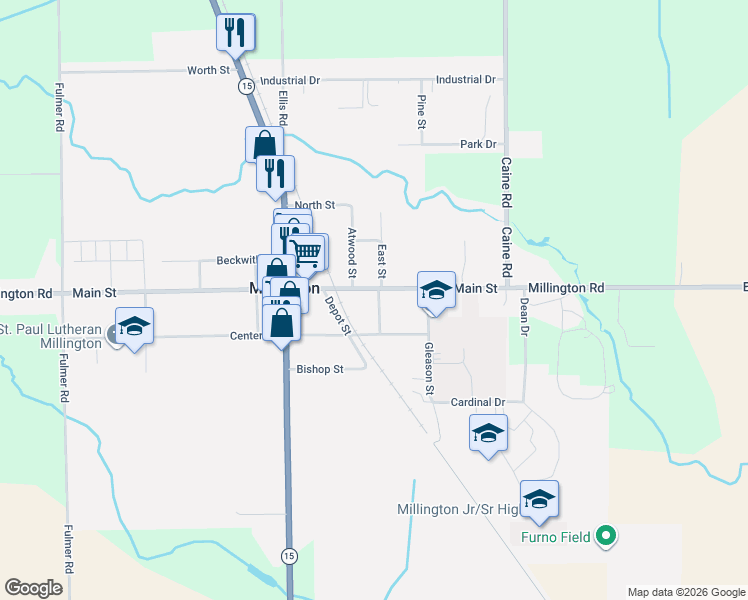 map of restaurants, bars, coffee shops, grocery stores, and more near 8510 East Street in Millington