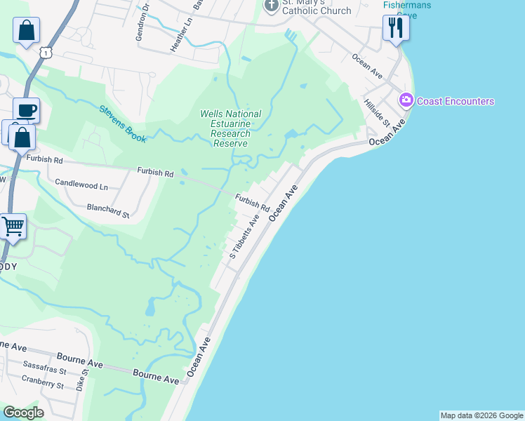 map of restaurants, bars, coffee shops, grocery stores, and more near 96 South Tibbetts Avenue in Wells