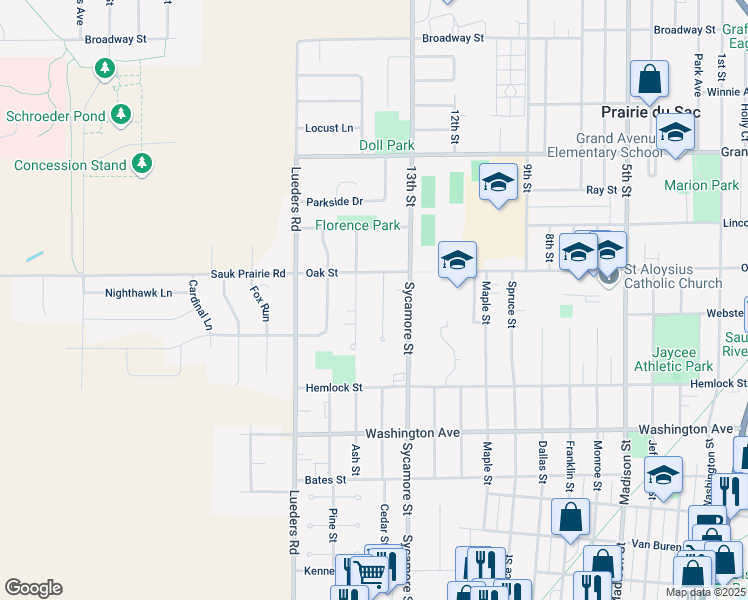map of restaurants, bars, coffee shops, grocery stores, and more near 115 Cedar Street in Sauk City