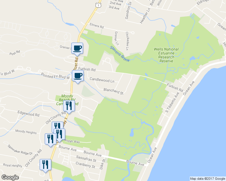 map of restaurants, bars, coffee shops, grocery stores, and more near 165 Blanchard Street in Wells