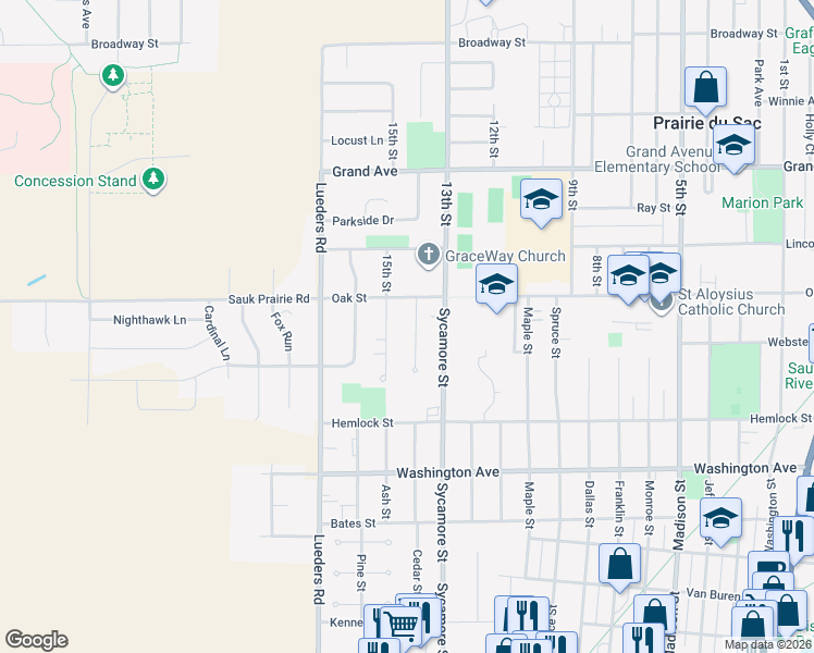 map of restaurants, bars, coffee shops, grocery stores, and more near 115 Cedar Street in Sauk City