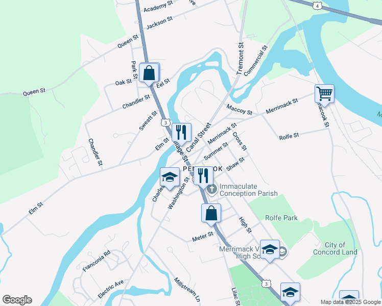 map of restaurants, bars, coffee shops, grocery stores, and more near 200 Rumford Street in Concord