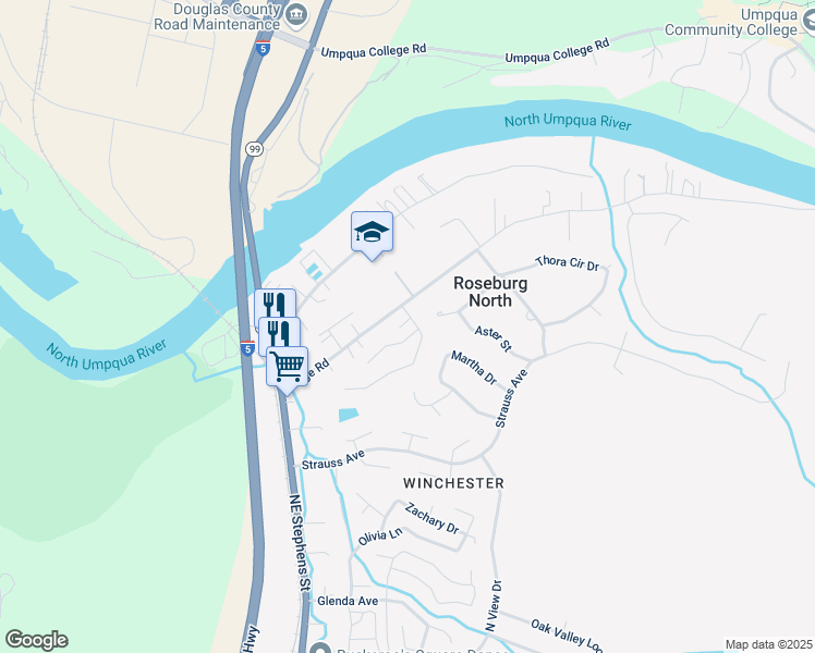 map of restaurants, bars, coffee shops, grocery stores, and more near 109 Village Drive in Roseburg North
