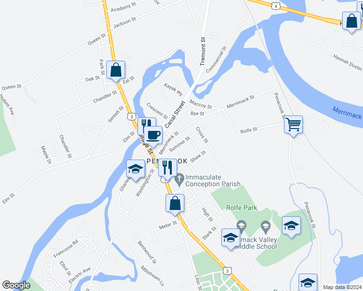 map of restaurants, bars, coffee shops, grocery stores, and more near 26 Summer Street in Concord