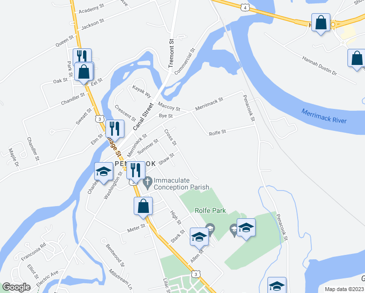 map of restaurants, bars, coffee shops, grocery stores, and more near 21 Cross Street in Concord