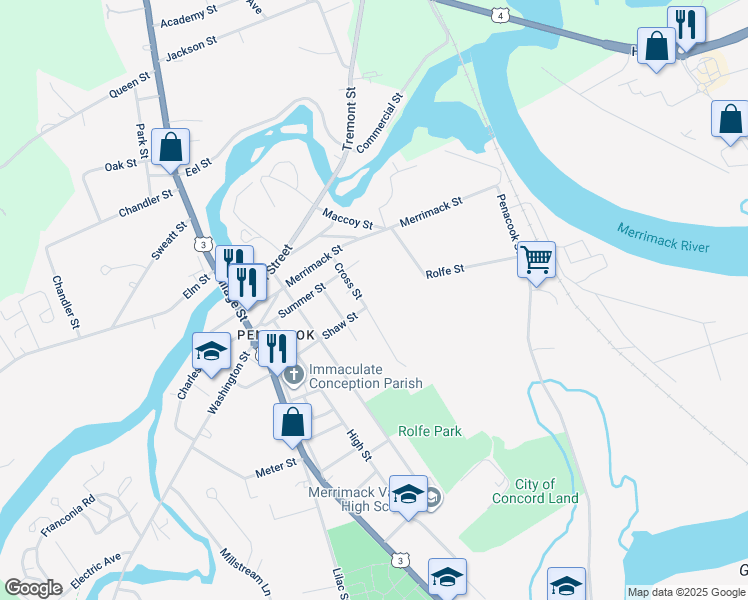 map of restaurants, bars, coffee shops, grocery stores, and more near 21 Cross Street in Concord