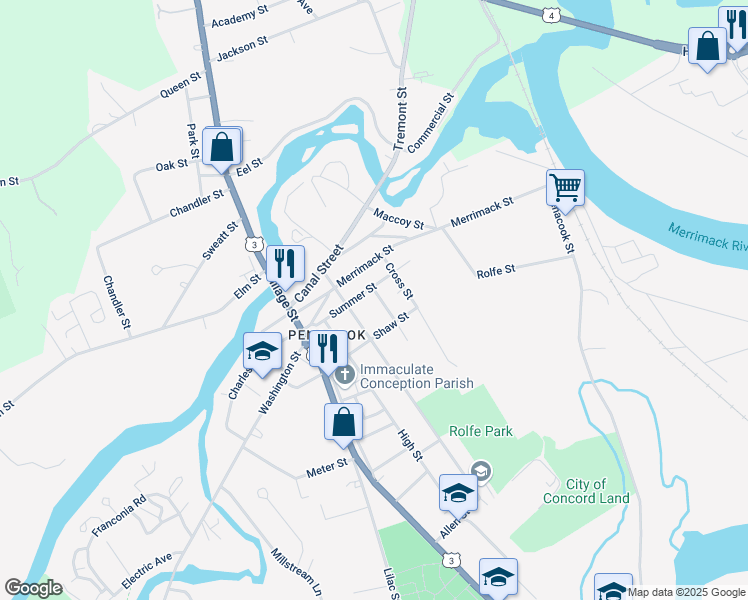 map of restaurants, bars, coffee shops, grocery stores, and more near 16 Steeple View in Concord