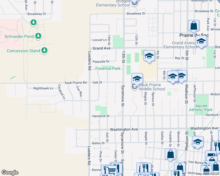 map of restaurants, bars, coffee shops, grocery stores, and more near 115 Cedar Street in Sauk City