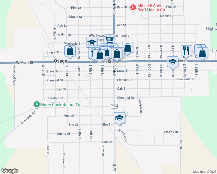 map of restaurants, bars, coffee shops, grocery stores, and more near 600-698 Oak St in Osage